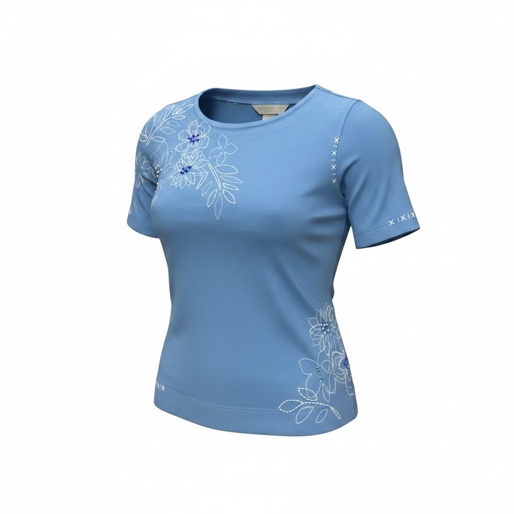 Napa Valley Petite Blue Floral Embroidered Beaded Short Sleeve Top PSmall